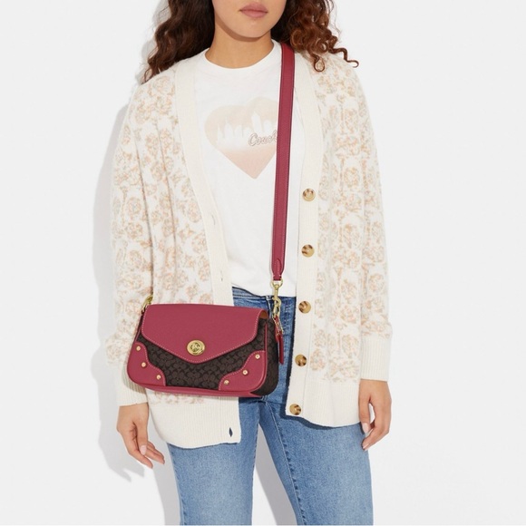 Like NEW COACH Millie Shoulder Bag Signature Leather Elegant Pink Dark Berry - Picture 3 of 16